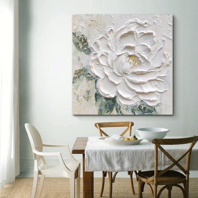 Cream Wind White Peony Flower Thick Texture Hand Drawn Oil Painting Hanging Painting