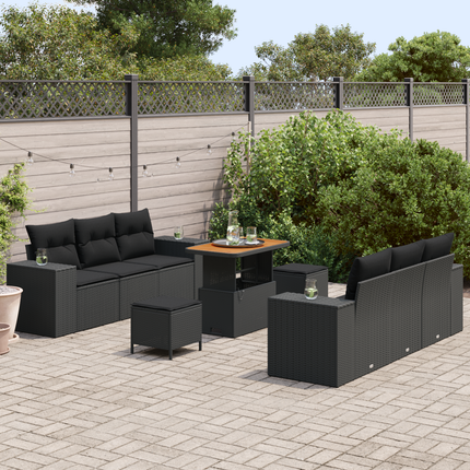 Trädgårdsoffset med kudde med lagring 9 pcs Svart Poly Rattan