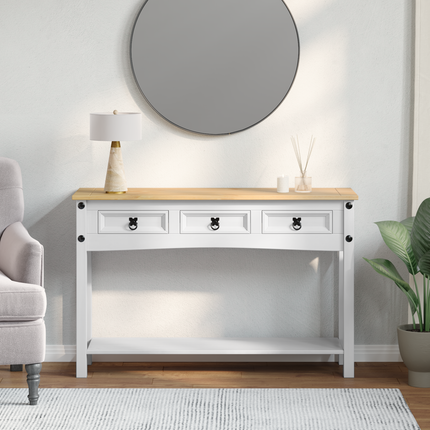 Sidobord med låda Corona Vit 114 x 34,5 x 73 cm Massiv furu
