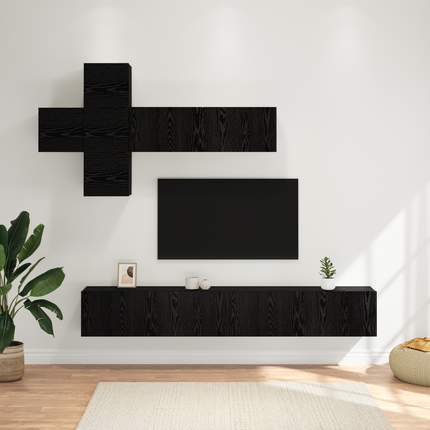 TV-bänkset Väggmonterad 7 pcs Svart ek Konstruerat trä