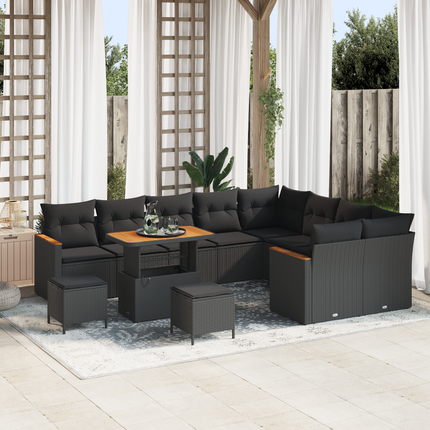 Trädgårdsoffset 12 st 9-Antal sittplatser Svart Poly Rattan
