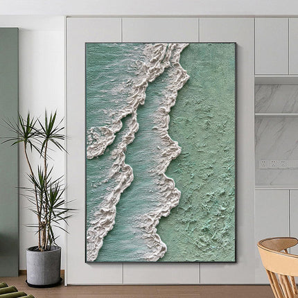 Ocean Waves Abstract Textured Thick Oil Painting Hand Painted Green And White Cream Style Texture Canvas Art Wabi Sabi Painting Waves Art Decor