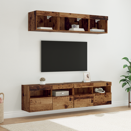 TV-väggenheter med LED 5 st Gammalt trä Konstruerat trä