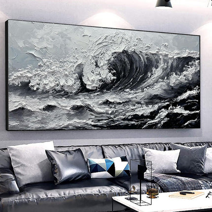Large Gray And White Seawaves Seascape Oil Painting On Canvas Handmade Black Texture Knife Thick Wall Art For Living Room Decor Mural