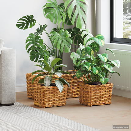 Planteringskorg med lagring 3 st Naturlig Brun Kubu Rattan
