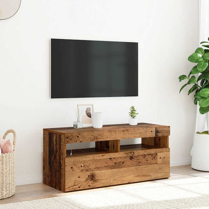 TV-bänk med LED-lampor åldrat trä 90x35x40 cm konstruerat trä