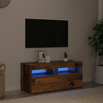 TV-bänk med LED-lampor åldrat trä 90x35x40 cm konstruerat trä