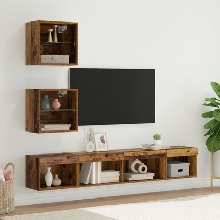 TV-väggenheter med LED 5 st Gammalt trä Konstruerat trä