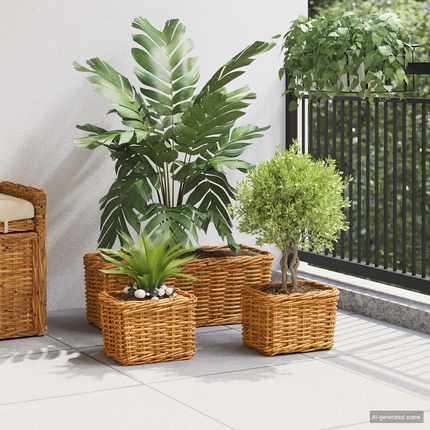 Planteringskorg med lagring 3 st Naturlig Brun Kubu Rattan