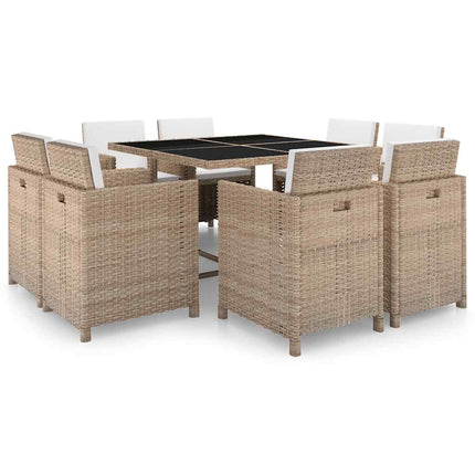 Matgrupp för trädgården med dynor 9 delar konstrotting beige
