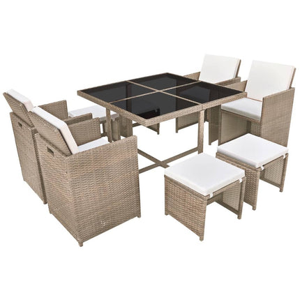Matgrupp för trädgården med dynor 9 delar konstrotting beige