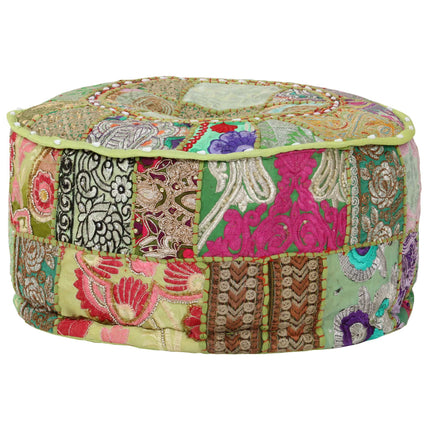 Sittpuff med lappmönster rund bomull handgjord 40x20 cm grön