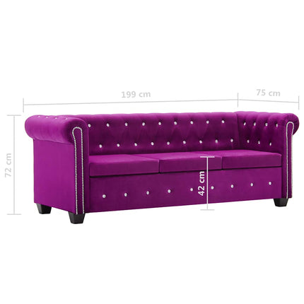 Chesterfieldsoffa 3-sits sammet 199x75x72 cm lila