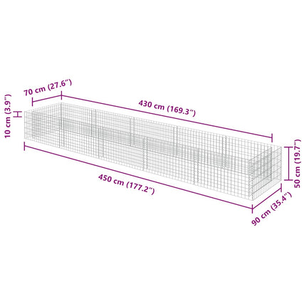 Planteringsgabion upphöjd galvaniserat stål 450x90x50 cm