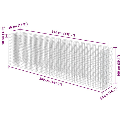 Planteringsgabion upphöjd galvaniserat stål 360x50x100 cm
