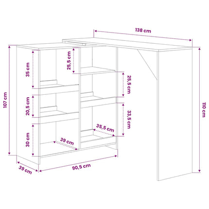 Barbord med flyttbar hylla vit 138x39x110 cm