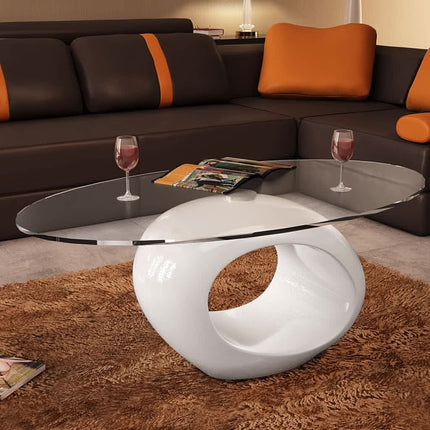Soffbord med oval bordsskiva i glas högglans vit