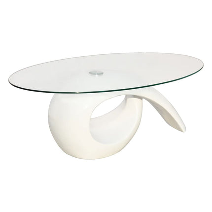 Soffbord med oval bordsskiva i glas högglans vit