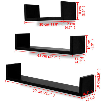 Flytande U-formade bokhyllor 3 st MDF svart