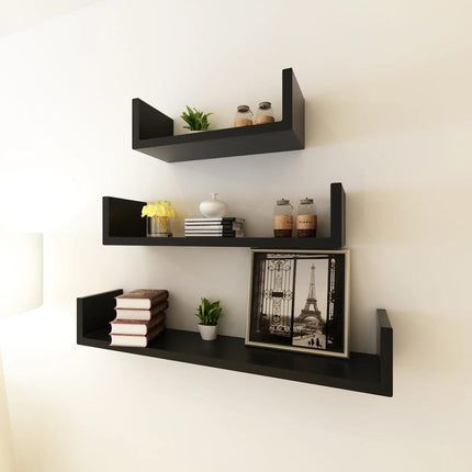 Flytande U-formade bokhyllor 3 st MDF svart