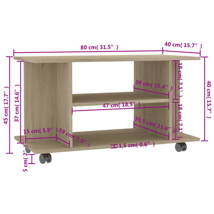 Tv-bänk med hjul sonoma ek 80x40x45 cm konstruerat trä