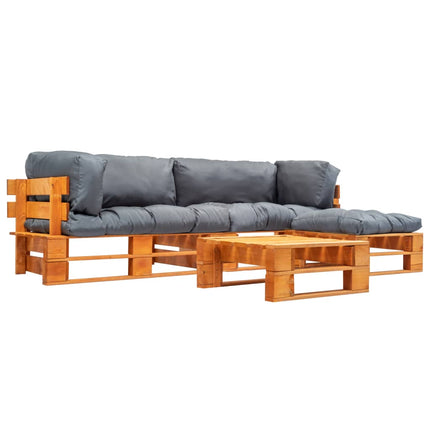 Pallsoffa 4 delar med grå dynor trä
