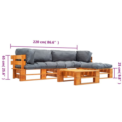 Pallsoffa 4 delar med grå dynor trä