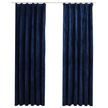 Mörkläggningsgardiner 2 st med krokar sammet mörkblå 140x225 cm