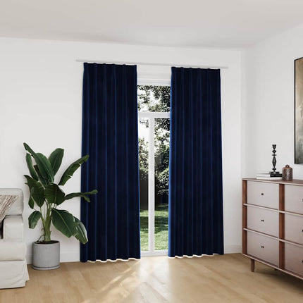 Mörkläggningsgardiner 2 st med krokar sammet mörkblå 140x225 cm