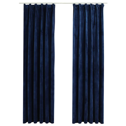 Mörkläggningsgardiner 2 st med krokar sammet mörkblå 140x245 cm