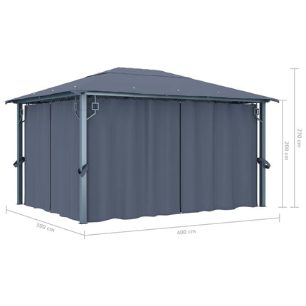 Paviljong med gardiner 400 x 300 cm antracit aluminium