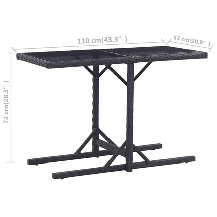 Trädgårdsbord svart 110x53x72 cm glas och konstrotting