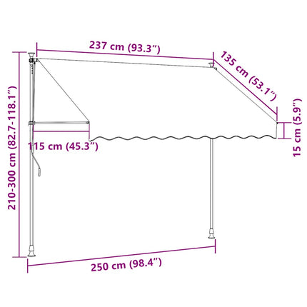 Markis manuellt infällbar med LED 250 cm blå och vit
