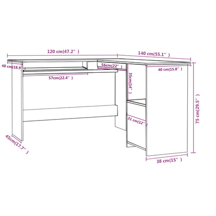 Skrivbord L-format vit 120x140x75 cm konstruerat trä