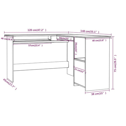 Skrivbord L-format svart högglans 120x140x75 cm konstruerat trä