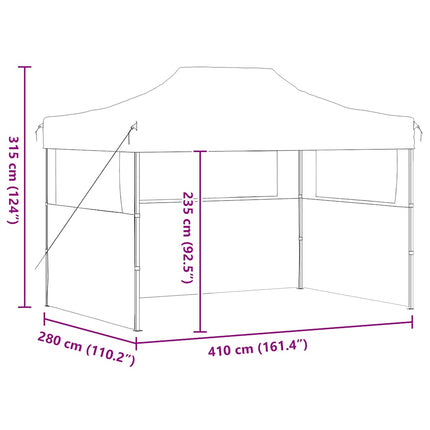 Hopfällbart partytält med 3 sidoväggar 280x410x315 cm stål vit