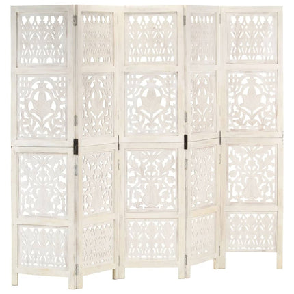 Rumsavdelare 5 paneler handsnidad vit 200x165 cm mangoträ