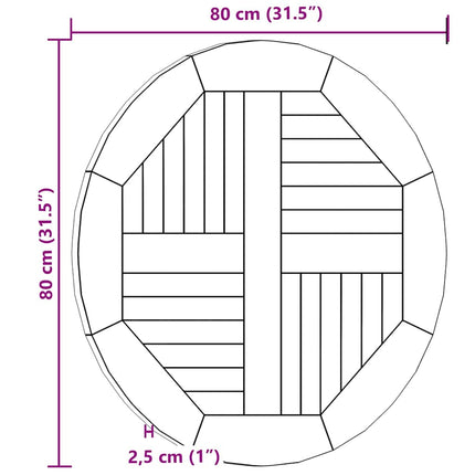 Bordsskiva i massiv teak rund 2,5 cm 80 cm