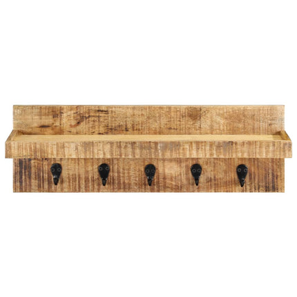 Vägghylla med krokar 60x15x20 cm massivt grovt mangoträ