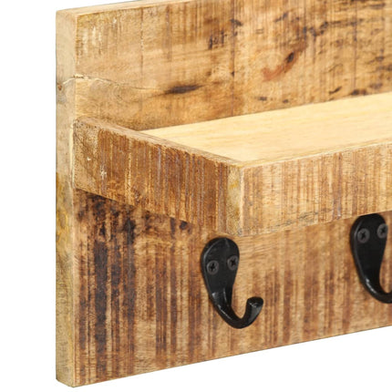 Vägghylla med krokar 60x15x20 cm massivt grovt mangoträ