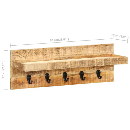 Vägghylla med krokar 60x15x20 cm massivt grovt mangoträ