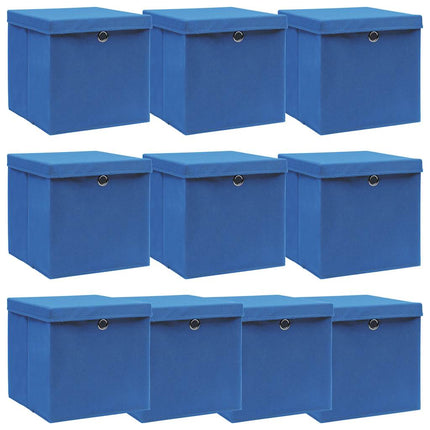 Förvaringslådor med lock 10 st blå 32x32x32 cm tyg