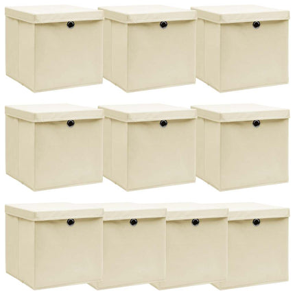 Förvaringslådor med lock 10 st gräddvit 32x32x32 cm tyg