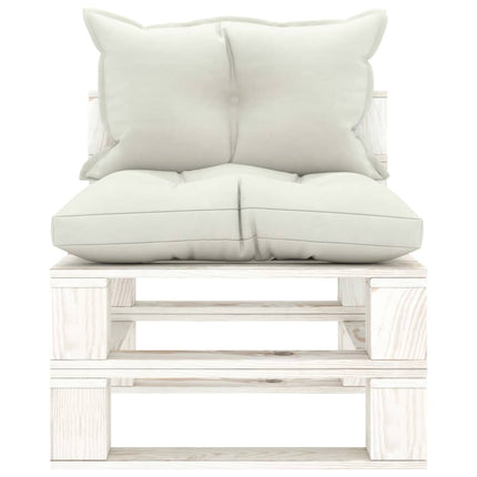 Pallsoffa mittensektion med beige dynor trä