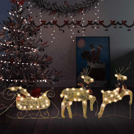 Renar & släde juldekoration 60 LED utomhus guld
