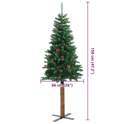 Smal plastgran med äkta trä och kottar grön 150 cm PVC