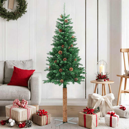 Smal plastgran med äkta trä och kottar grön 150 cm PVC