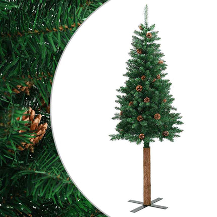 Smal plastgran med äkta trä och kottar grön 210 cm PVC