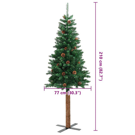 Smal plastgran med äkta trä och kottar grön 210 cm PVC