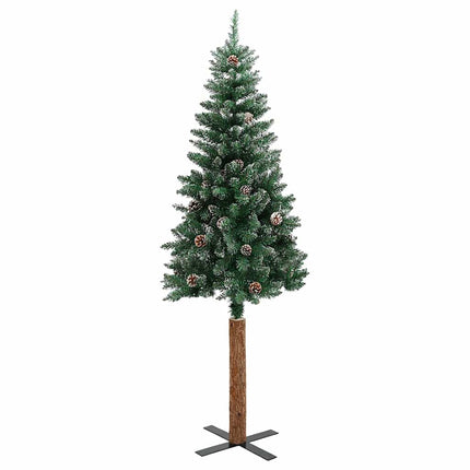 Smal plastgran med äkta trä och kottar vit snö grön 150 cm